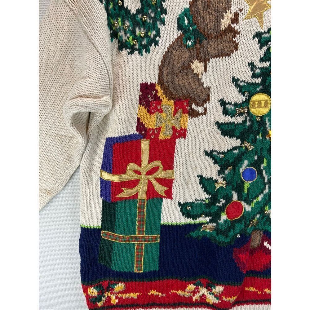 Vtg Casual Corner Christmas Sweater M Hand Knit Bear Tree Beaded Cottage Holiday - Picture 7 of 16